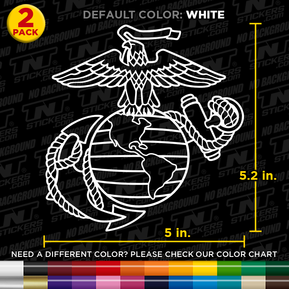 US Marine Corps logo decal with dimensions and color options on a black background