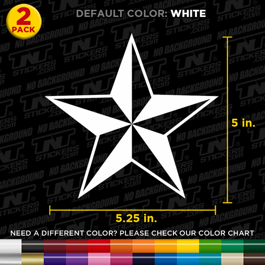 White Nautical star decal with dimensions on a black background with TNT Stickers branding.