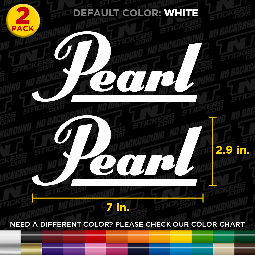 Pearl Drums Logo stickers with text and color chart on a black background.