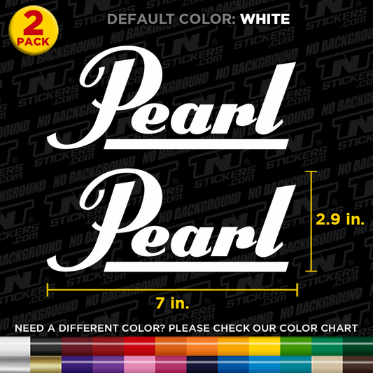Pearl Drums Logo stickers with text and color chart on a black background.