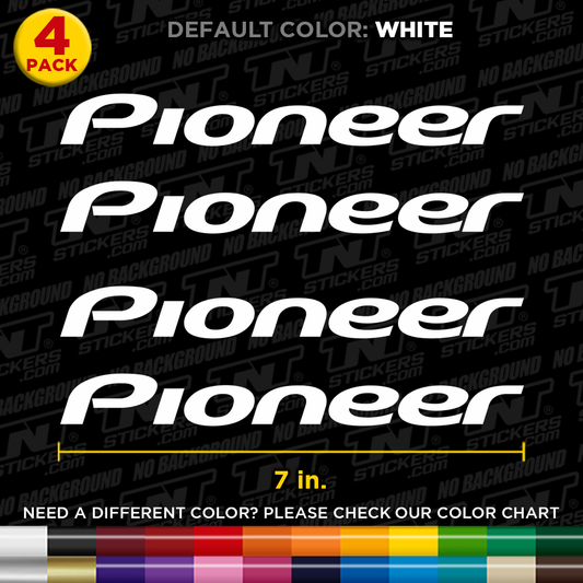 Pioneer Car Audio Logo stickers with text and color chart on a black background.