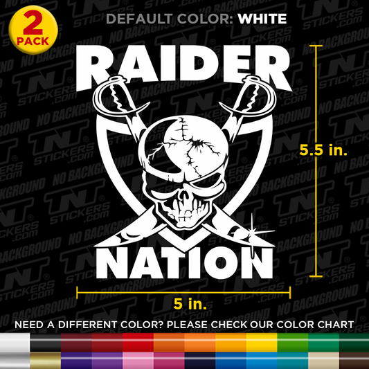 Skull and crossed swords design with 'Raider Nation' text on a black background, featuring dimensions and color options.
