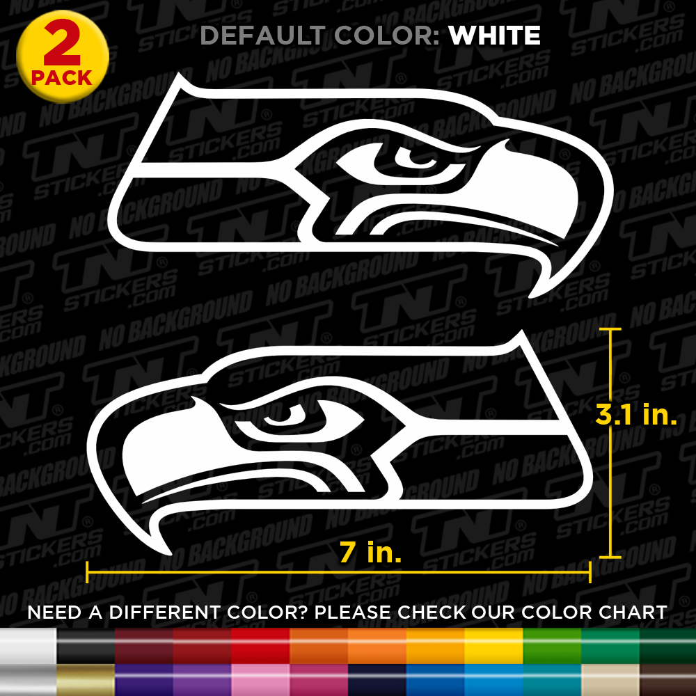 Two white Seattle Seahawks decals with measurements on a black background 