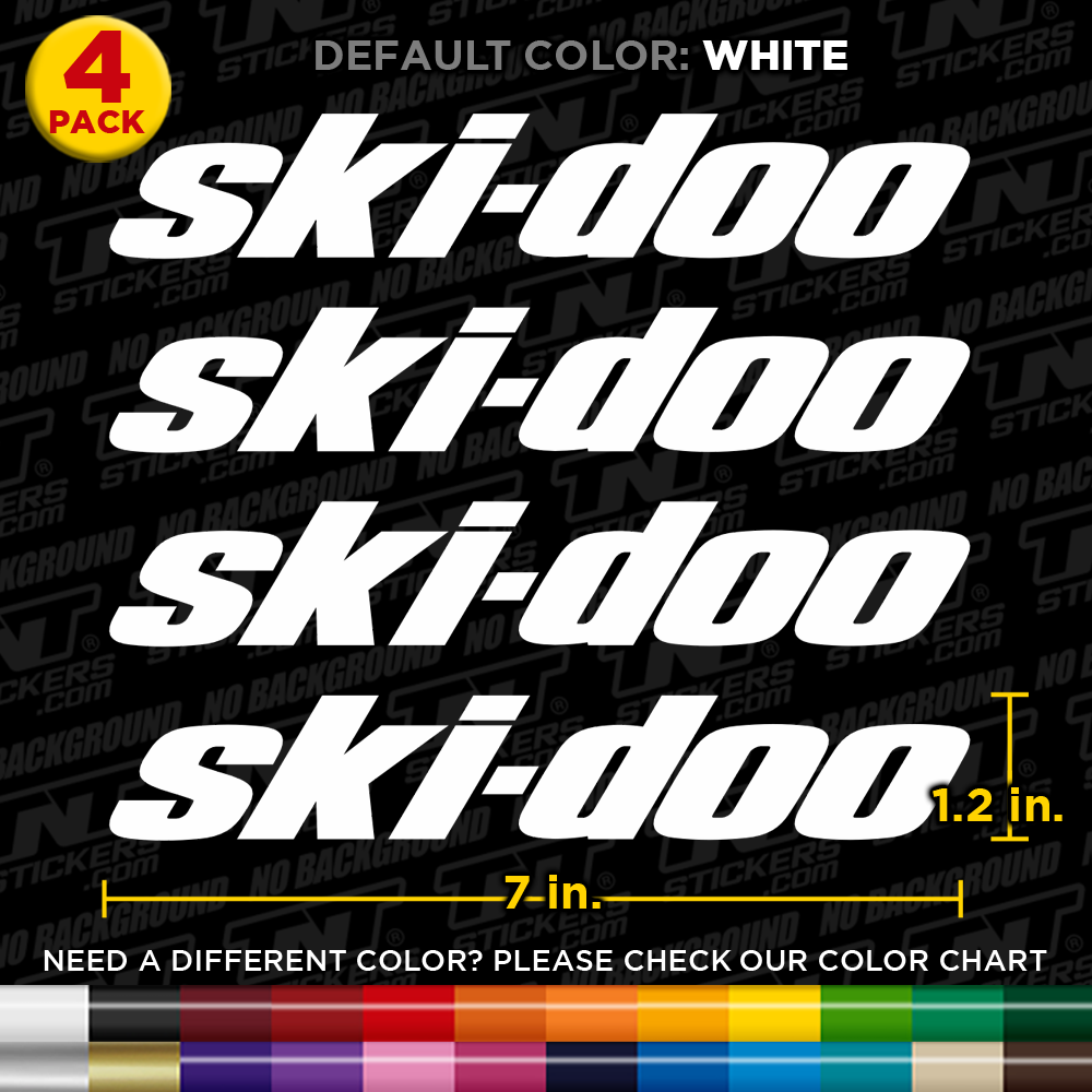 Ski-doo decals with dimensions and color options on a black background