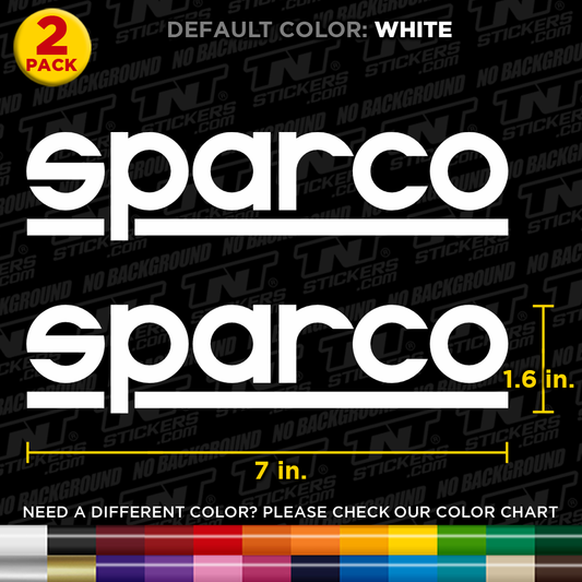 Two Sparco logos with dimensions and color options on a black background