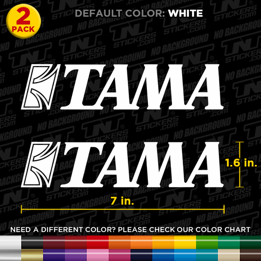 TAMA Drums logo stickers with dimensions and color options on a black background