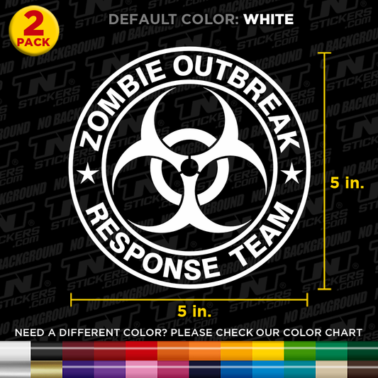 Zombie Outbreak Response Team decal with biohazard symbol and dimensions on a black background.