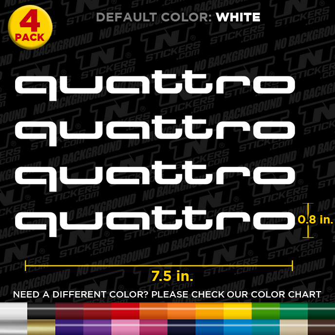 AUDI Quattro Logo decal stickers with dimensions and color options on a black background