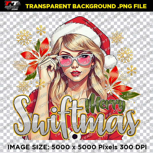 Taylor Swift bitmap design with 'Merry Swiftmas' text, holiday-themed artwork