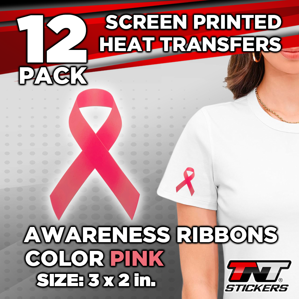 Promotional image of screen printed heat transfers with pink awareness ribbons, featuring a person wearing a white t-shirt with a pink ribbon.