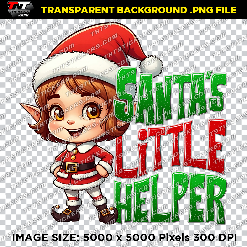 Bitmap artwork of a cheerful elf girl dressed as Santa's little helper, ideal for festive holiday designs.
