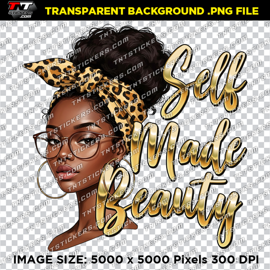 Bitmap artwork of a beautiful Black woman with the motivational text 'Self Made Beauty,' ideal for sublimation, DTF, and DTG printing on apparel and accessories.