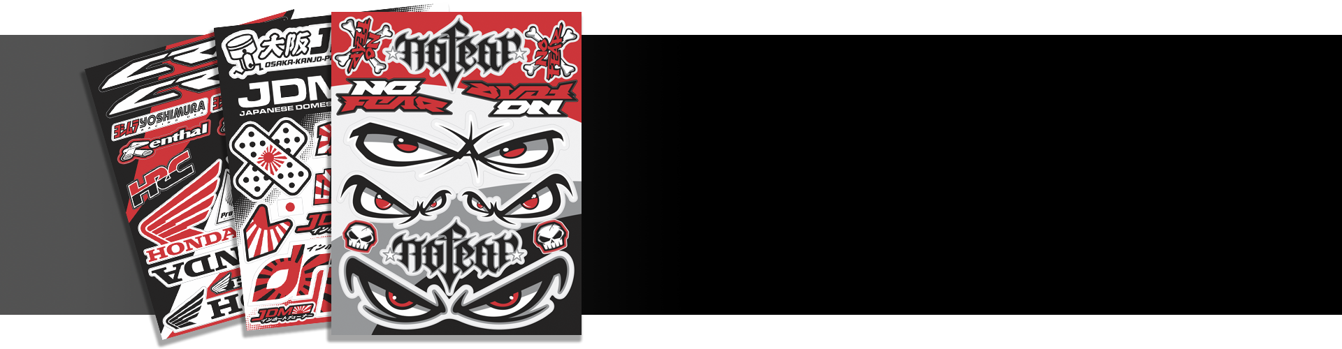 Collection of motorcycle stickers with visible branding on a black background