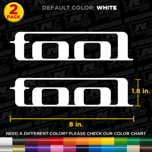 Two TOOL Band logo stickers with dimensions and color options on a black background.