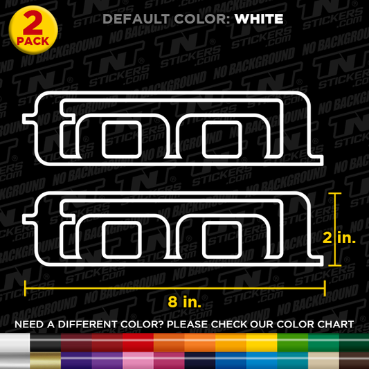 Two outline TOOL Band logo  decals with dimensions on a black background with TNT Stickers branding.
