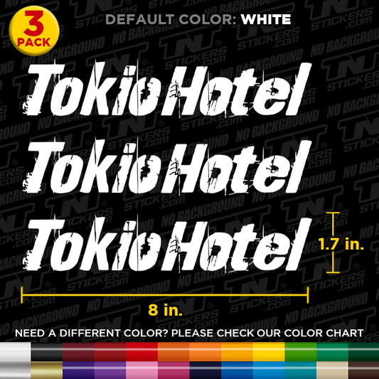 Tokio Hotel logo stickers with dimensions and color options on a black background