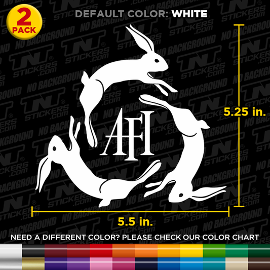 Sticker design with rabbits and 'AFI' text on a black background with branding.