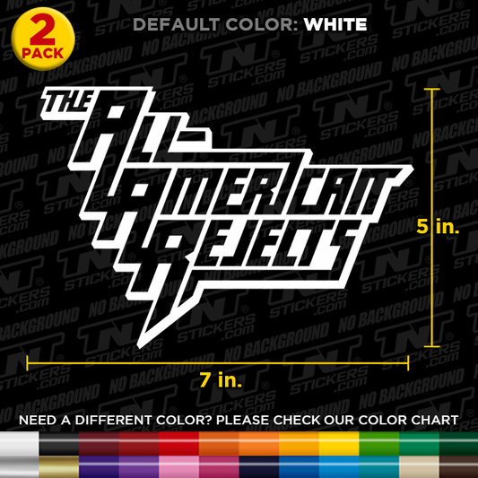 Sticker design of 'The All American Rejects' with dimensions and color options on a black background.