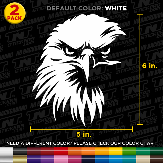 Eagle head decal with dimensions and color options on a black background