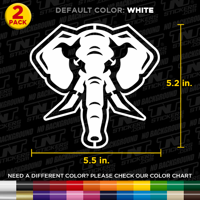 White Black eyed Peas elephant logo decal with dimensions on a black background with TNtstickers.com branding.