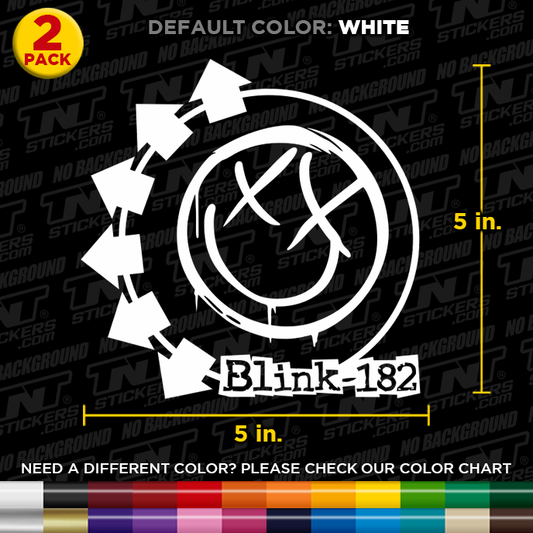 Blink-182 logo sticker with dimensions and color options on a black background