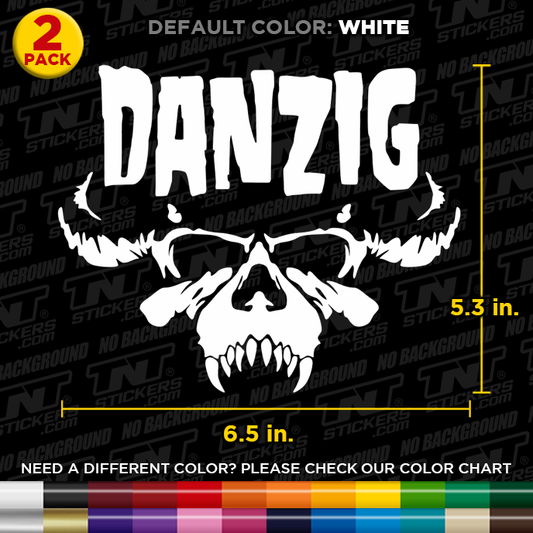 Danzig logo with skull design on a black background, showing dimensions and color options.