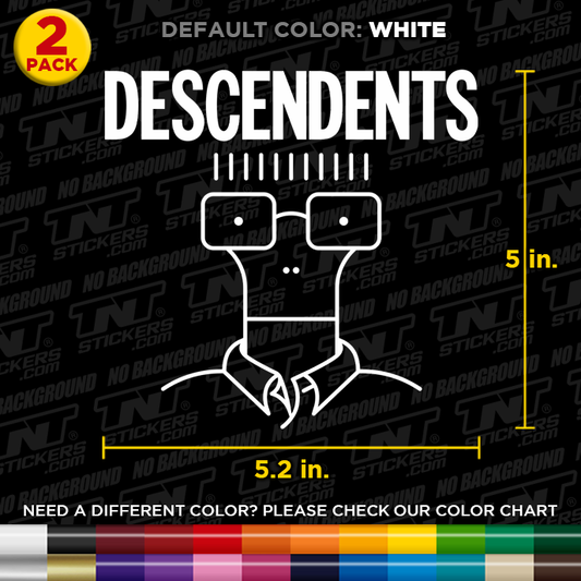 Descendents logo with measurements and color options on a black background