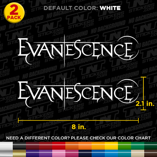 Two Evanescence logo stickers with dimensions and color options on a black background.
