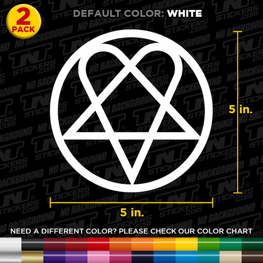 HIM Heartagram logo decal with dimensions on a black background with branding.