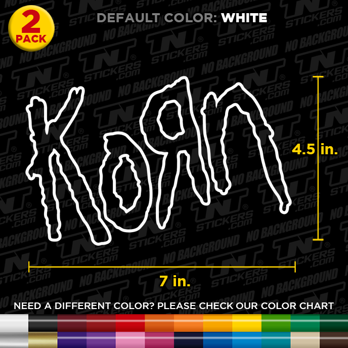 Korn logo decal with dimensions and color options on a black background