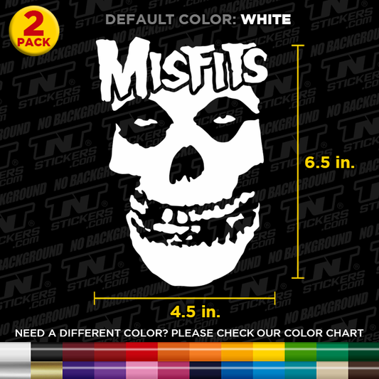 Skull design sticker with 'Misfits' text on a TN Stickers branded background and color options