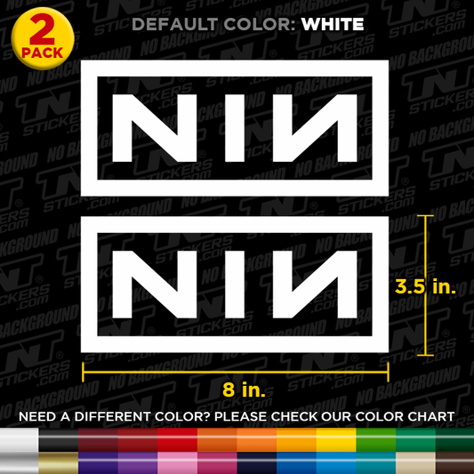 Two NIN (Nine Inch Nails) logo stickers with dimensions and color options on a black background.