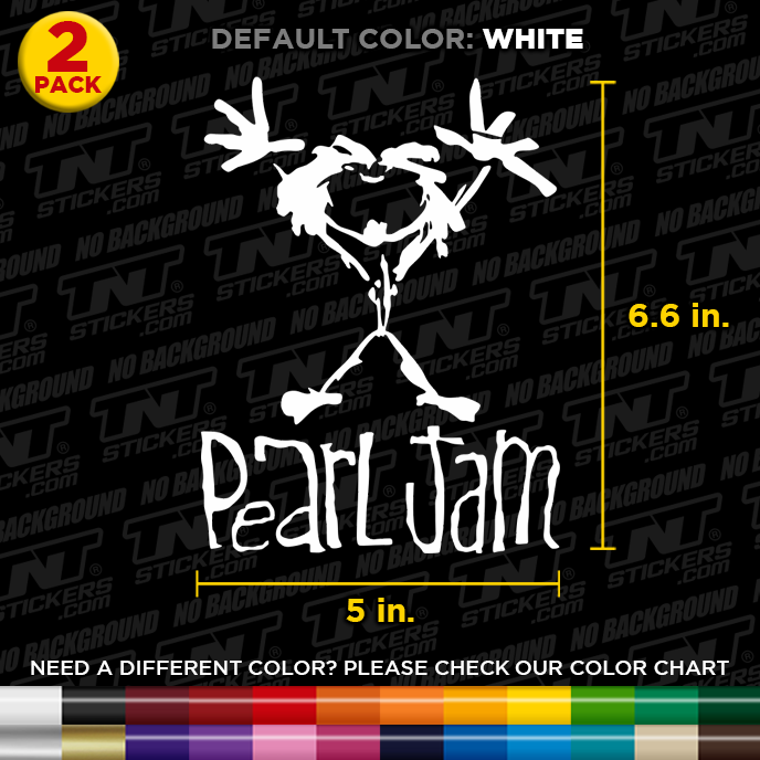 Pearl Jam logo decal with dimensions and color options on a black background