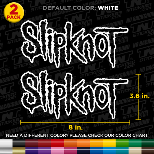 Two Slipknot logo stickers with dimensions and color options on a black background.