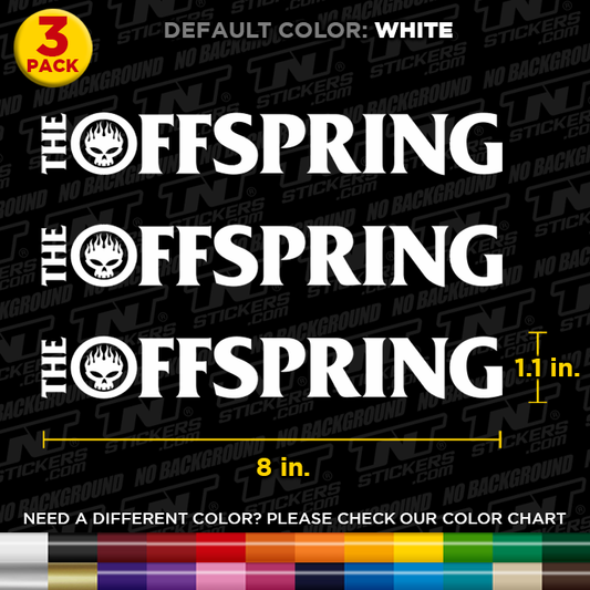 Three 'The Offspring' logo stickers with dimensions and color options on a black background.