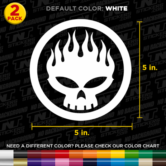 The Offspring Skull with flames design decal, 2-pack, default color white, dimensions 5x5 inches, TNTstickers.com branding.